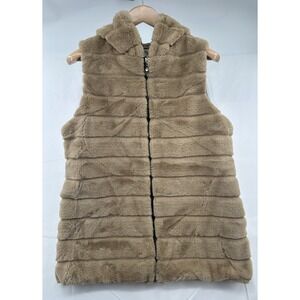 Kaleidoscope Women's Faux Fur‎ Vest One Size Brown Zip Front Pockets Hooded